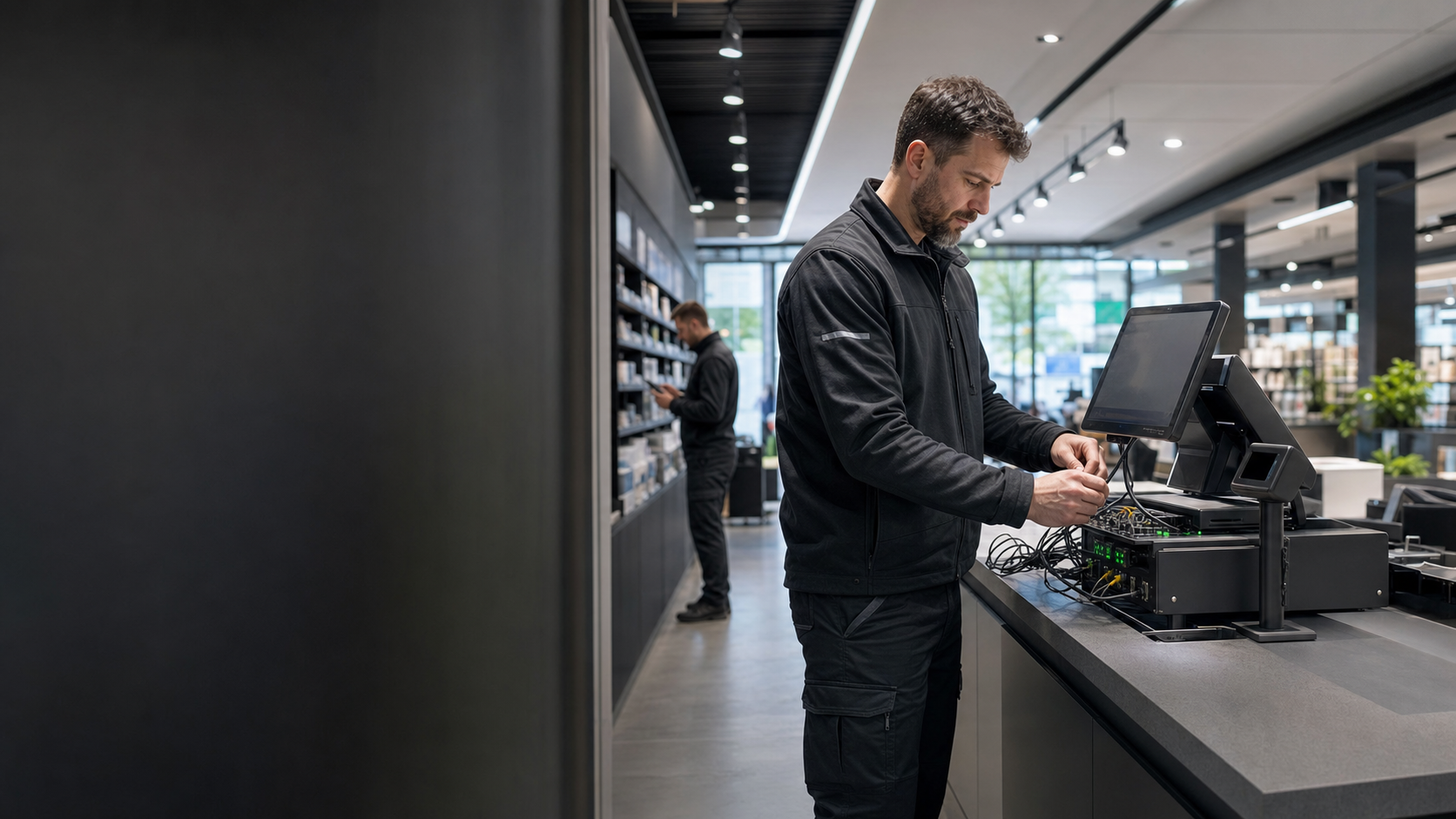 Spencer field engineer configuring point-of-sale technology in a modern retail environment